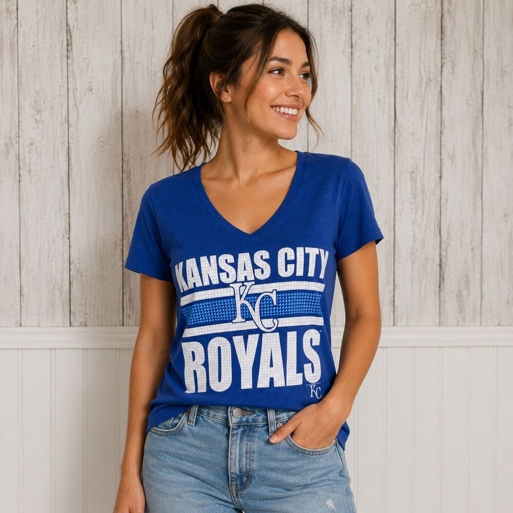 Kansas City Royals Women’s Large Blue V Neck Graphic Tee MLB Baseball